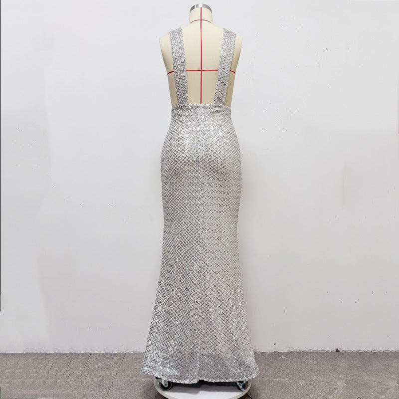 REBECCA SILVER SEQUIN V-NECK MAXI DRESS FOR EVENING