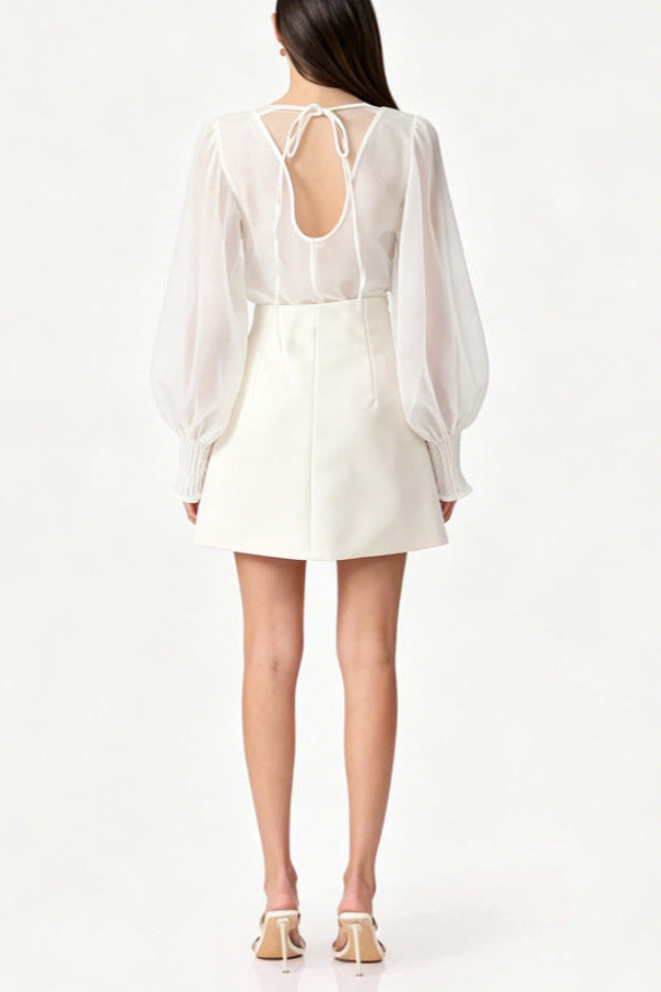 FLORAL APPLIQUE SHEER BLOUSE & MINI SKIRT SET - WHITE