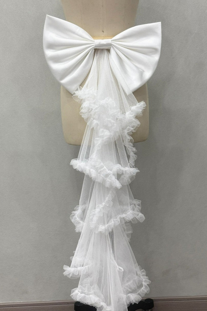 WHITE SATIN BOW TIERED TULLE BRIDAL SASH