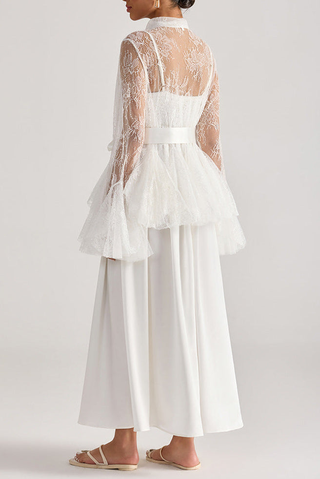 TIFFANY WHITE LACE BELL SLEEVE MAXI SKIRT SET