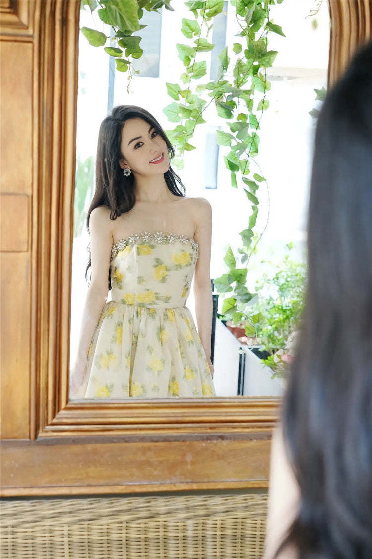 LEMON YELLOW STRAPLESS LONG COCKTAIL DRESS