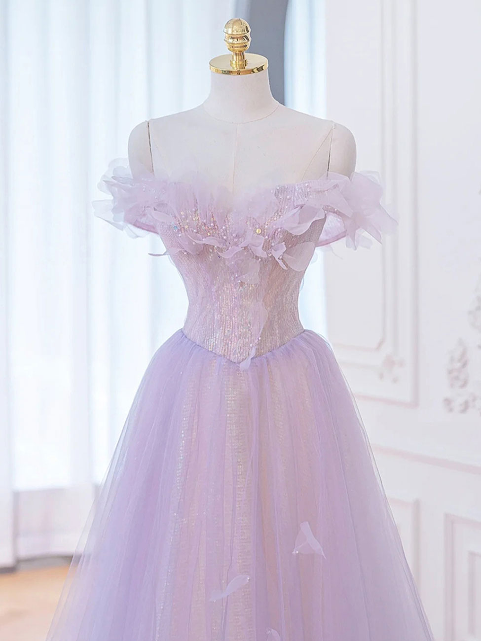 A-LINE PURPLE OFF-SHOULDER MAXI PROM DRESS