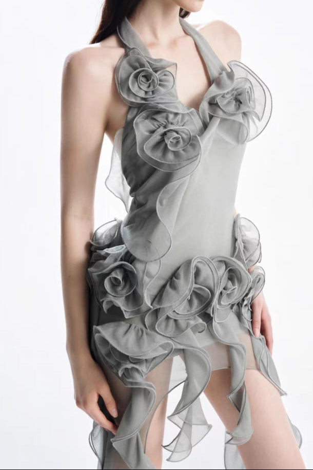 MELISSA GREY FLOWER ASYMMETRIC MINI DRESS