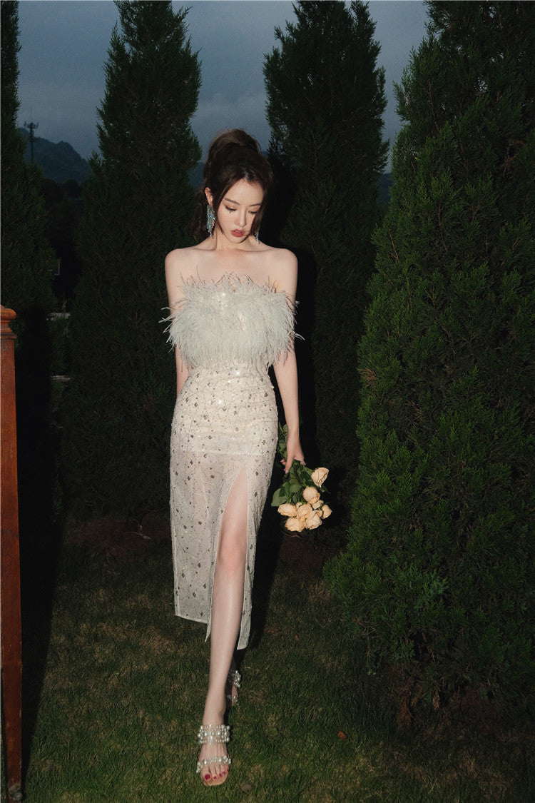 HAUTE COUTURE WHITE FEATHER SEQUIN DRESS