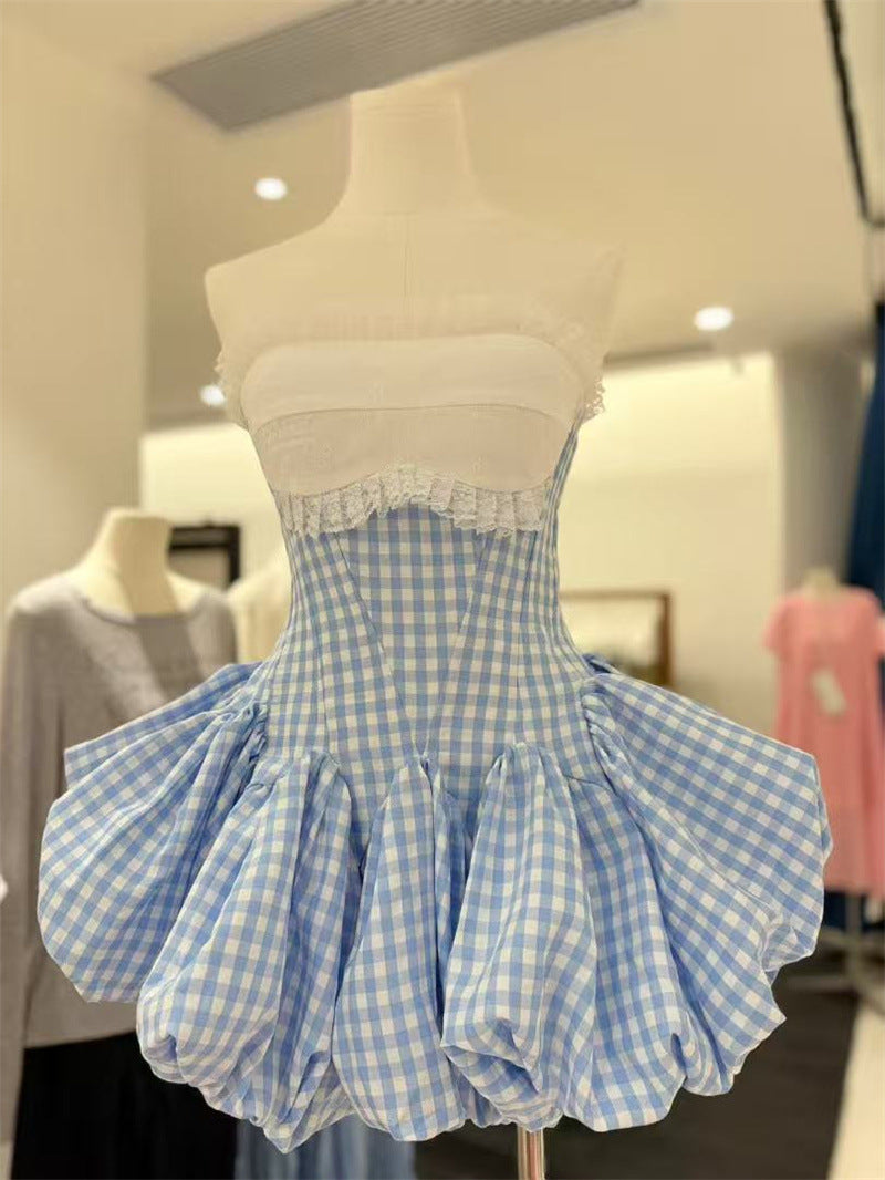 STEPHANIE PLAID STRAPLESS PUFFY MINI DRESS - BLUE
