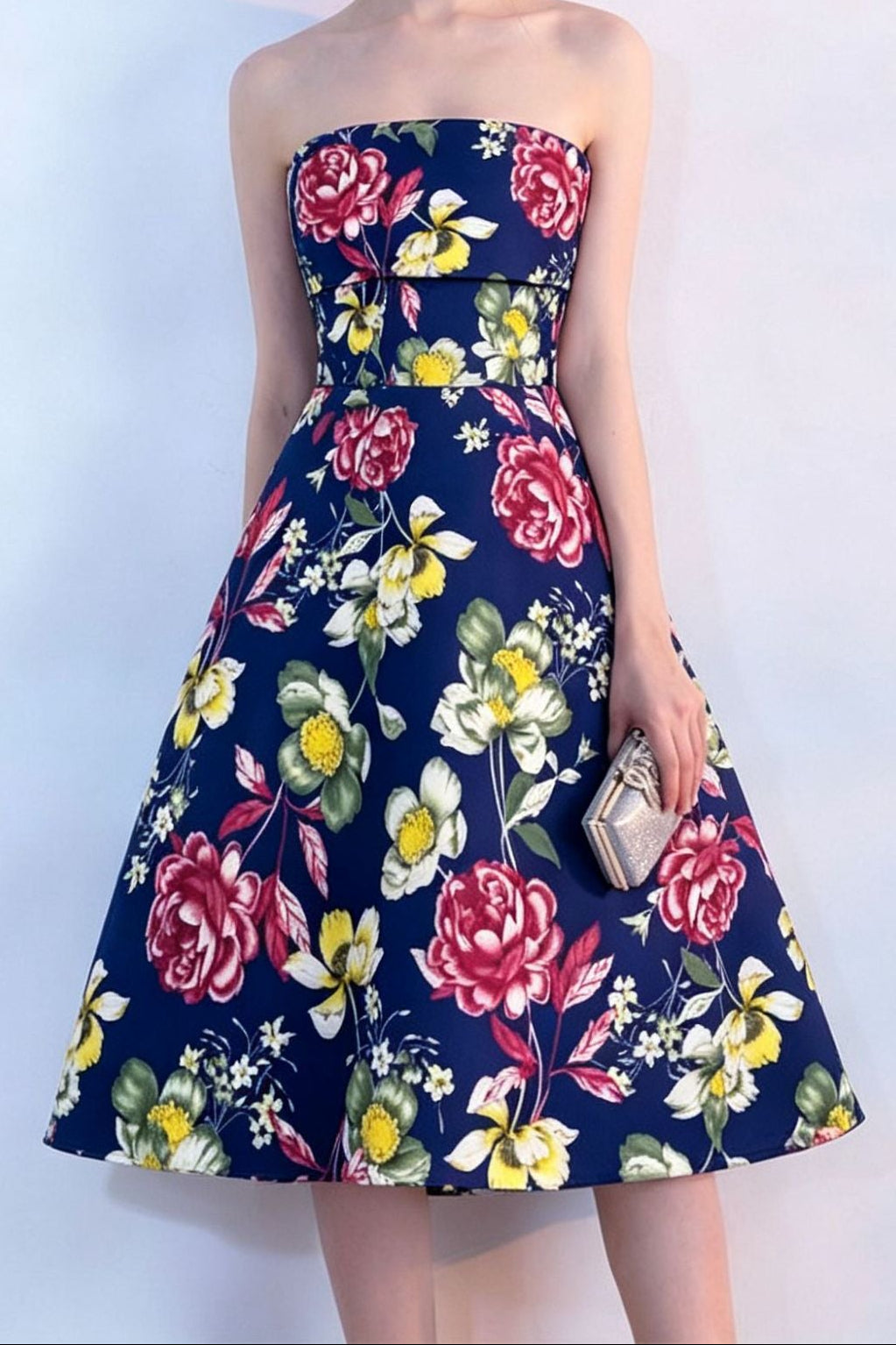 FLORAL STRAPLESS MIDI DRESS FOR PARTY