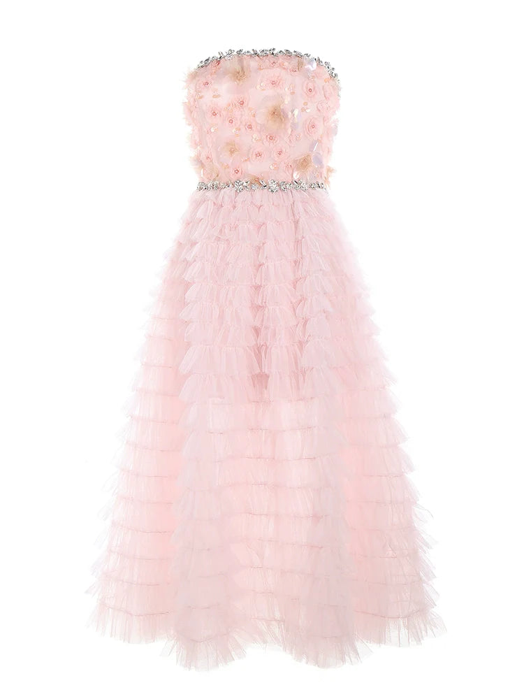 PINK PRINCESS RUFFLE MIDI STRAPLESS FLORAL DRESS