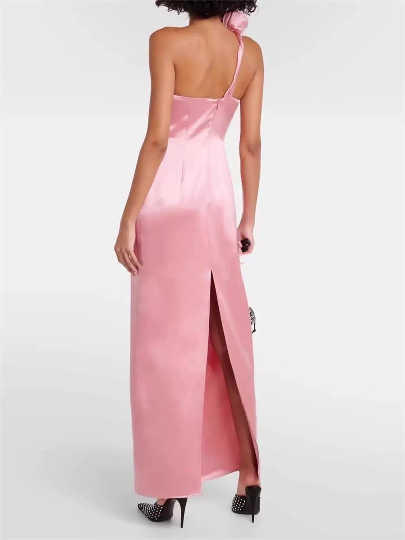 YVONNE ONE-SHOULDER 3D FLOWER SATIN MAXI DRESS PINK