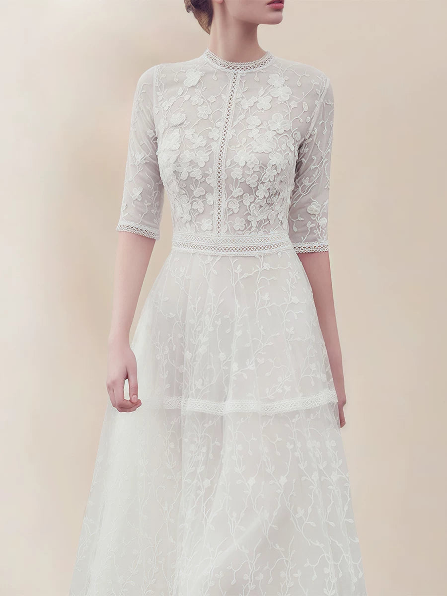 WHITE LACE SHORT MIDI DRESS FOR WEDDING GUEST