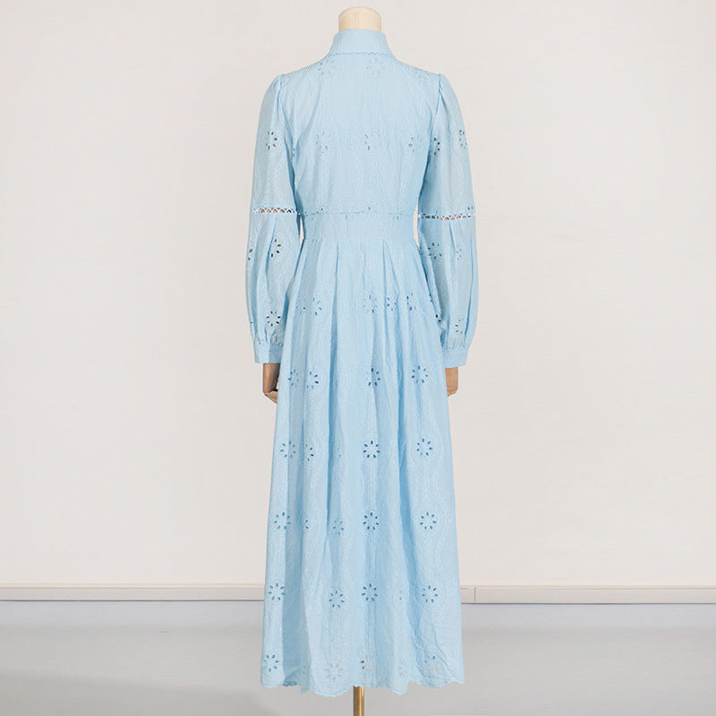 RETRO LACE MIDI DRESS, BLUE, SINGLE-BREASTED HOLLOW