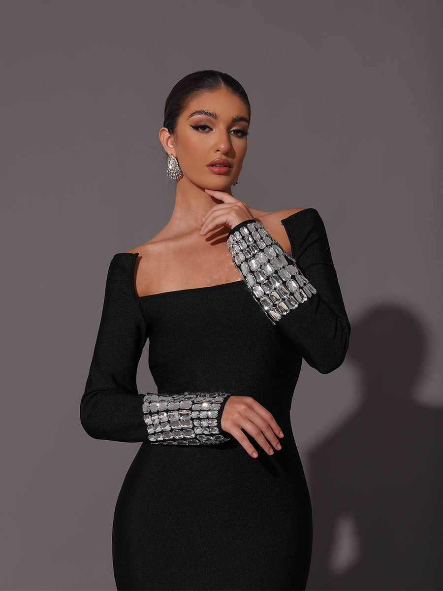 SQUARE NECK BANDAGE MAXI DRESS, BLACK, COCKTAIL