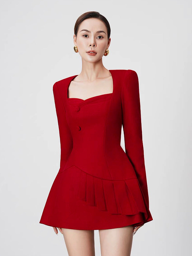 VICTORIA RED SQUARE NECK A-LINE MINI DRESS FOR PARTY