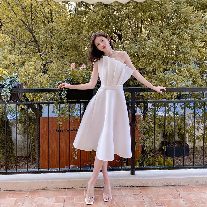 RUFFLED HEM STRAPLESS ONE-SHOULDER MIDI DRESS