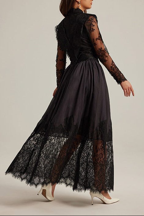 LACE EMBROIDERY MAXI DRESS SET - BLACK FORMAL