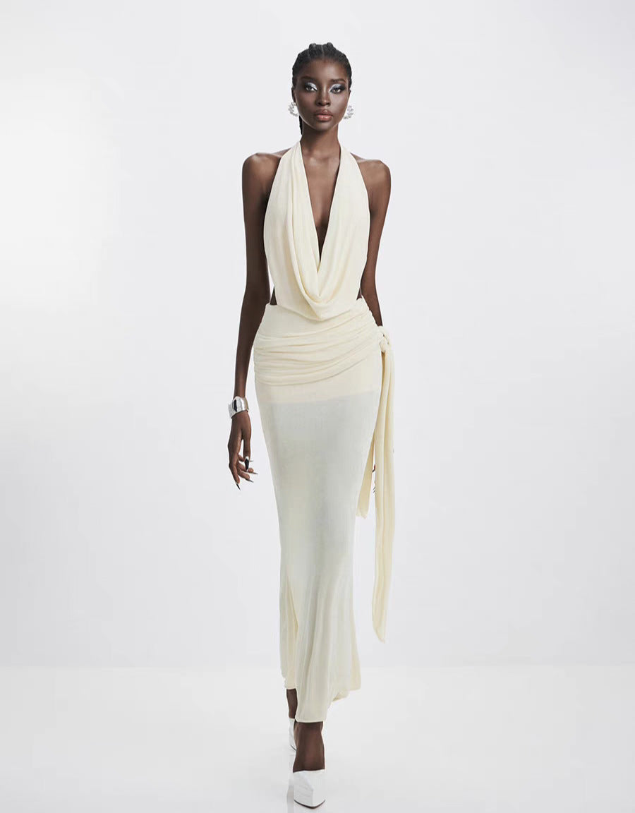 RUCHED HALTER BODYCON MAXI DRESS WHITE