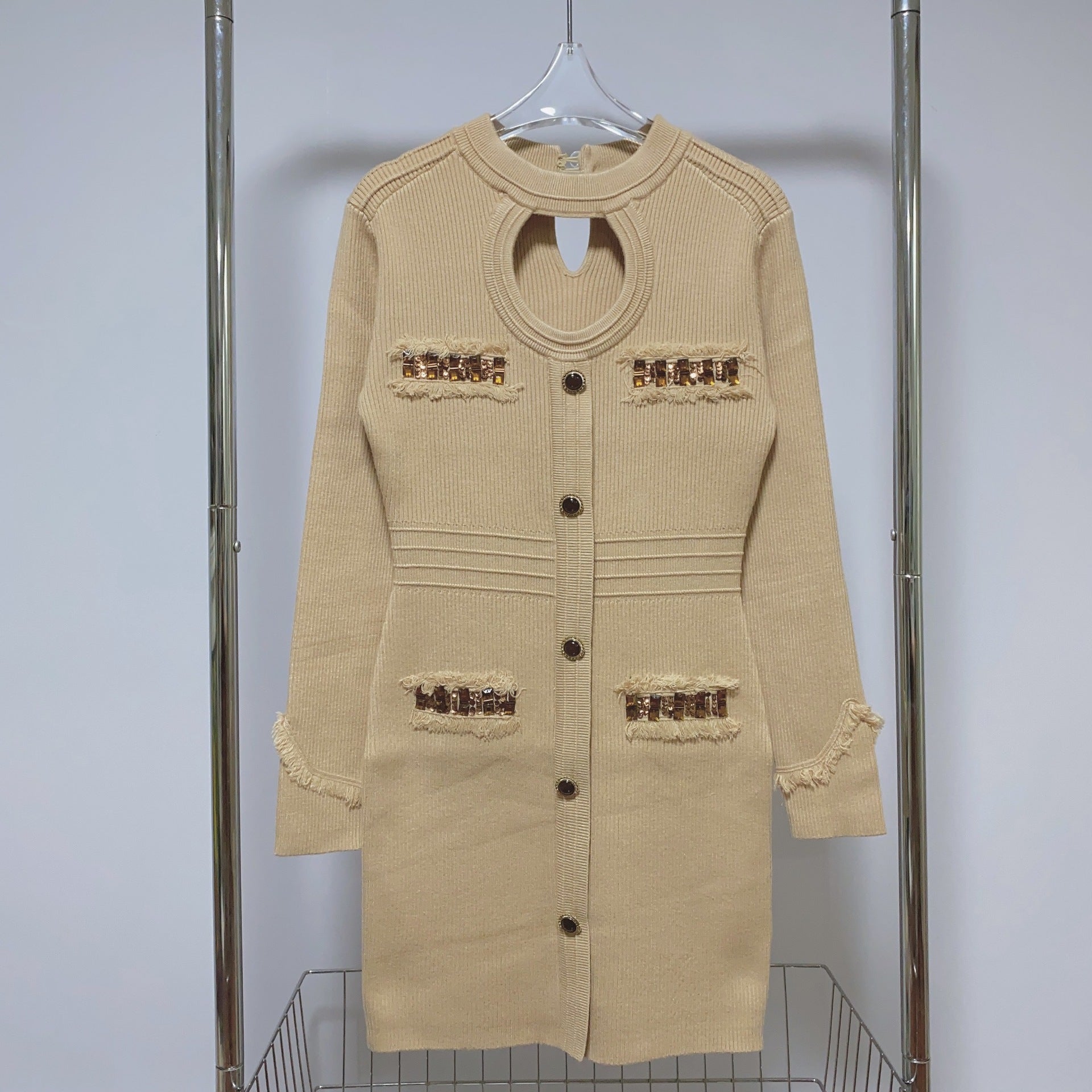 JENNY CONTOUR KNIT MINI DRESS, KHAKI, SLEEK FIT