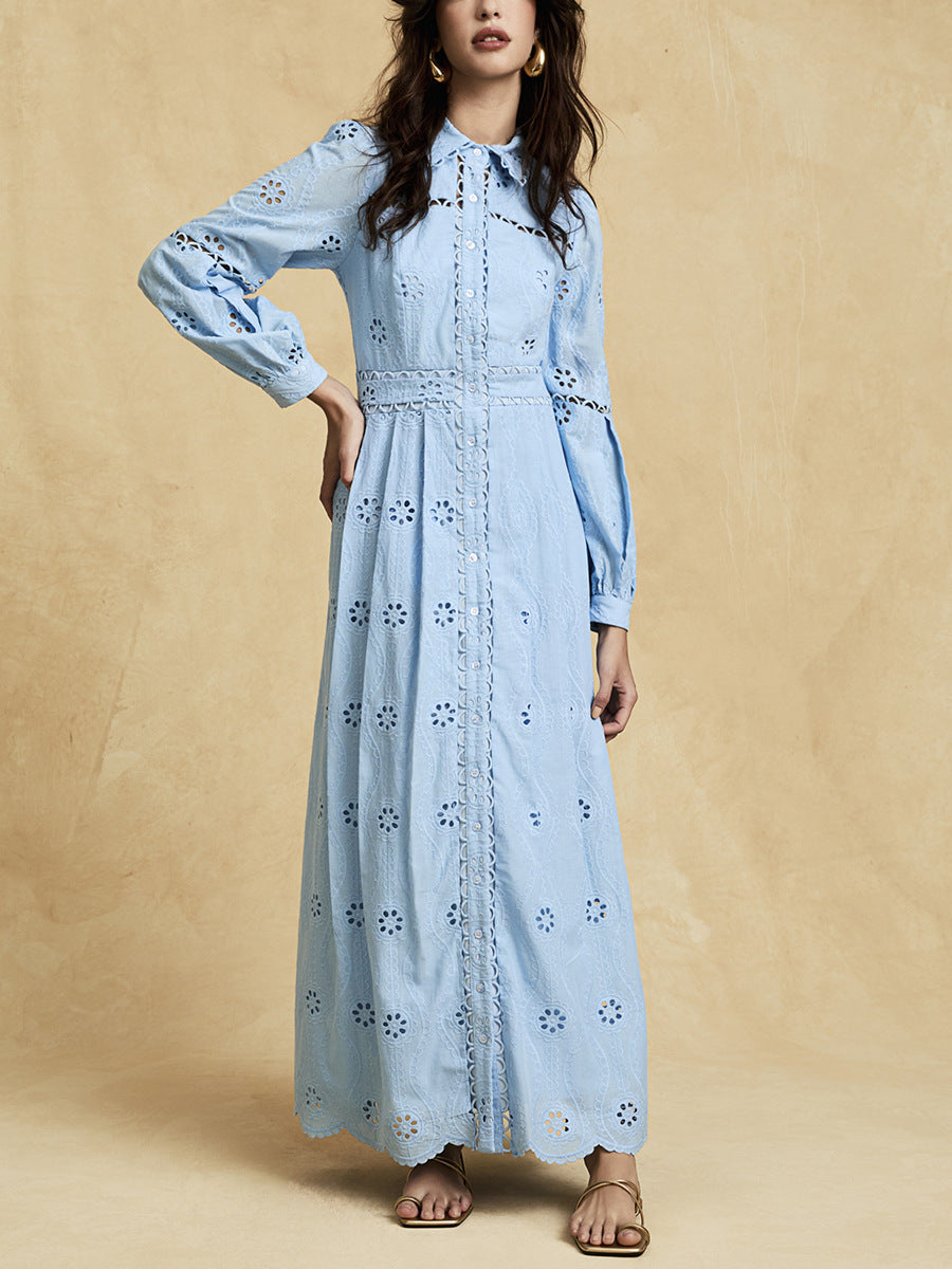 RETRO LACE MIDI DRESS, BLUE, SINGLE-BREASTED HOLLOW