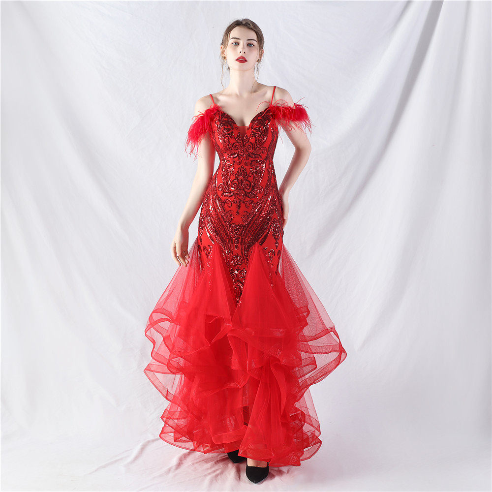 FEATHER SEQUIN STRAPLESS TULLE MAXI DRESS