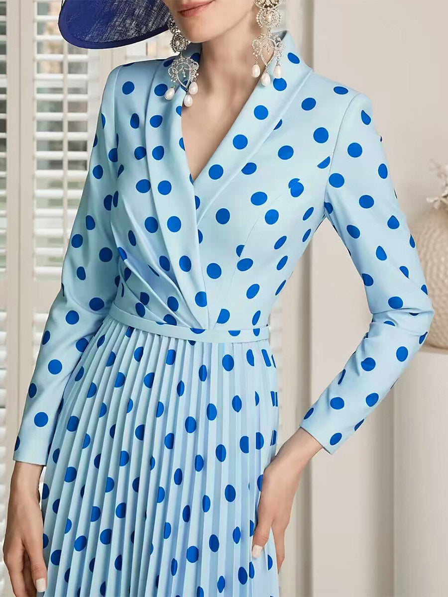 BLUE POLKA DOT V-NECK PLEATED MIDI DRESS