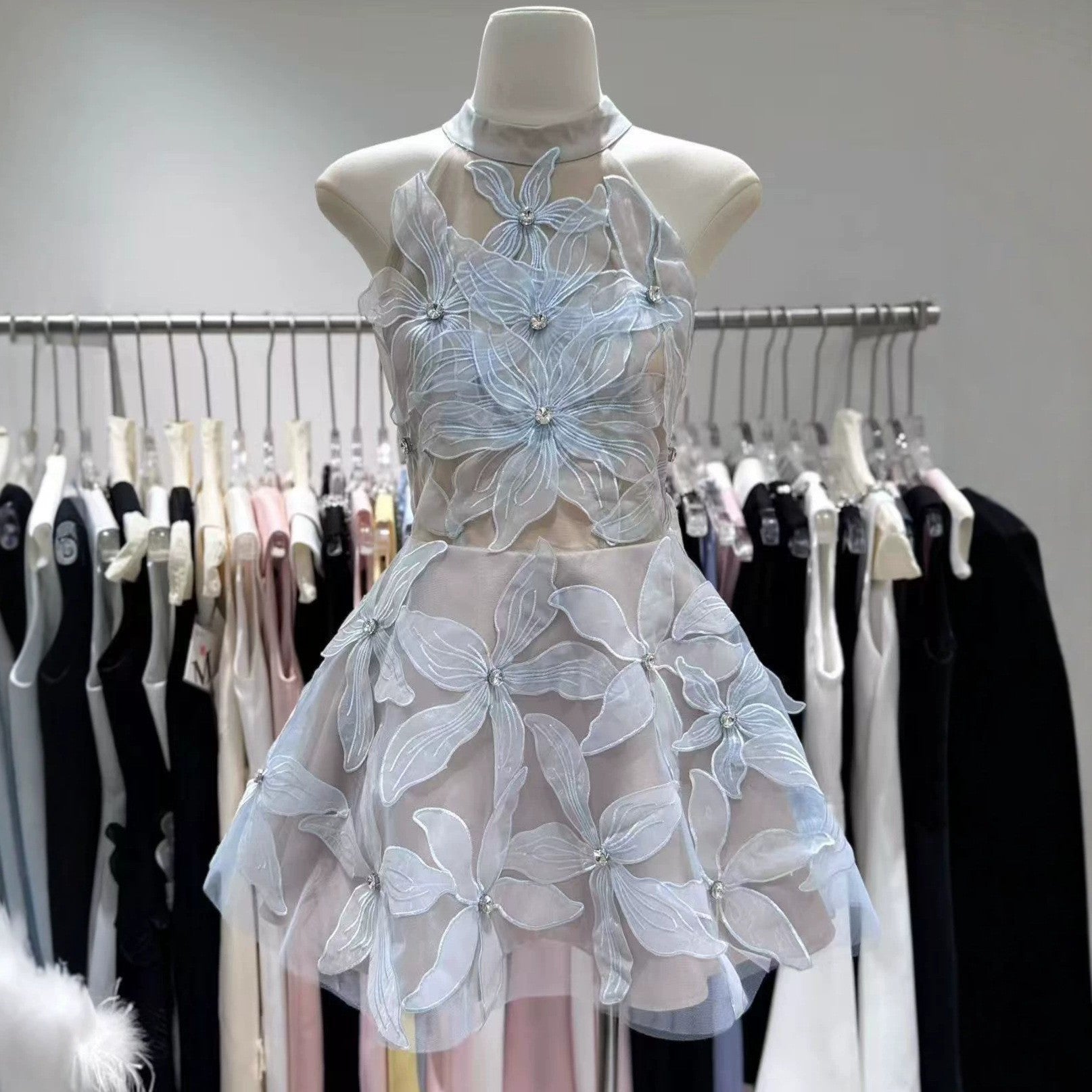 HALTER FLORAL RHINESTONE SHEER MINI DRESS