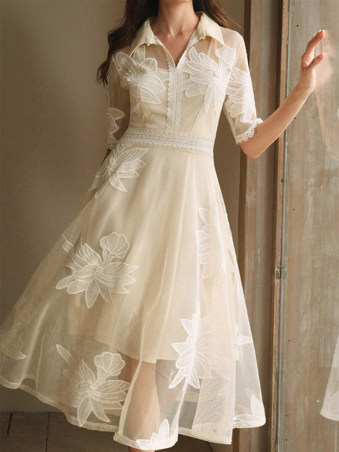 LACE EMBROIDERED SHIRT COLLAR MIDI DRESS APRICOT