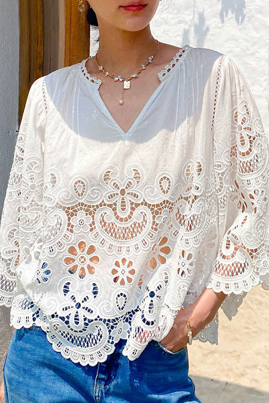 WHITE LACE EMBROIDERED HOLLOW PARTY SUIT