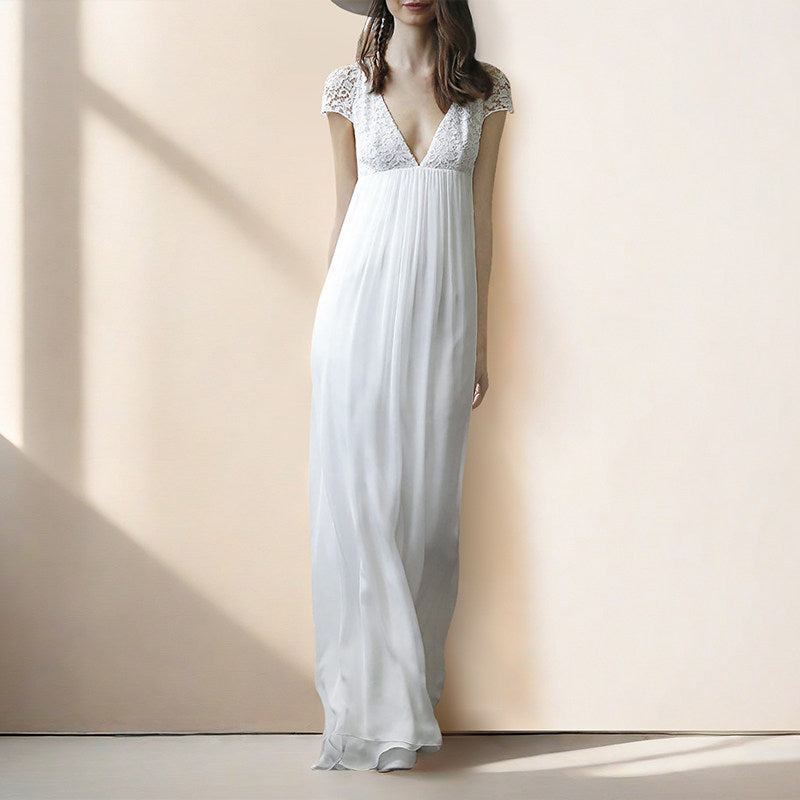 WHITE LACE V-NECK MAXI DRESS FOR WEDDING