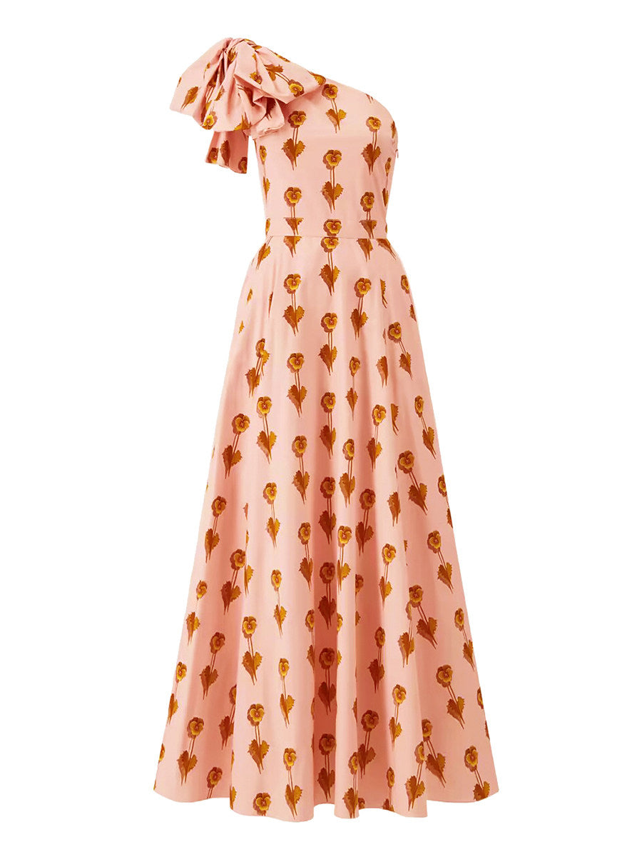 PINK BOW PRINT SLANTED SHOULDER DRESS