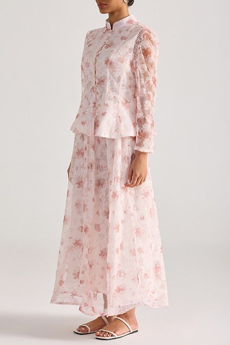 REBECCA PINK FLORAL EMBROIDERED LONG SLEEVE TOP SKIRT SET