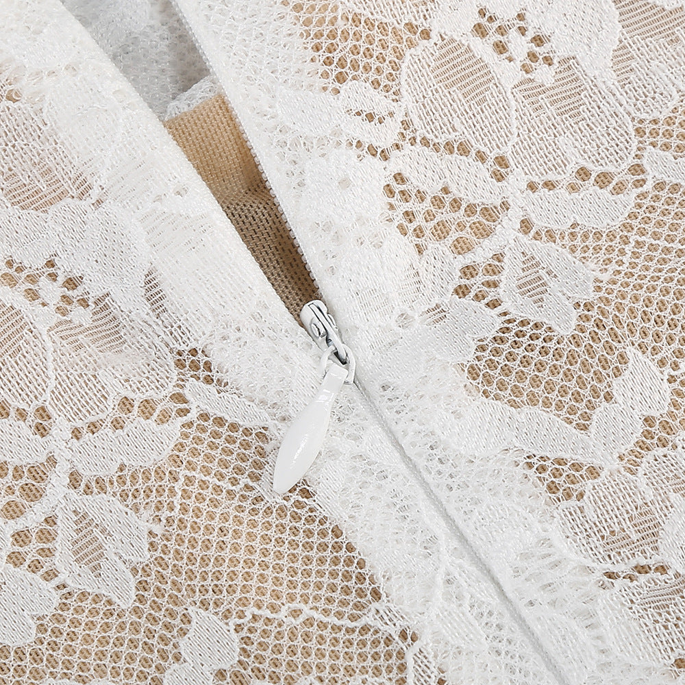LACE JACQUARD FISHBONE BODYCON WHITE MINI DRESS
