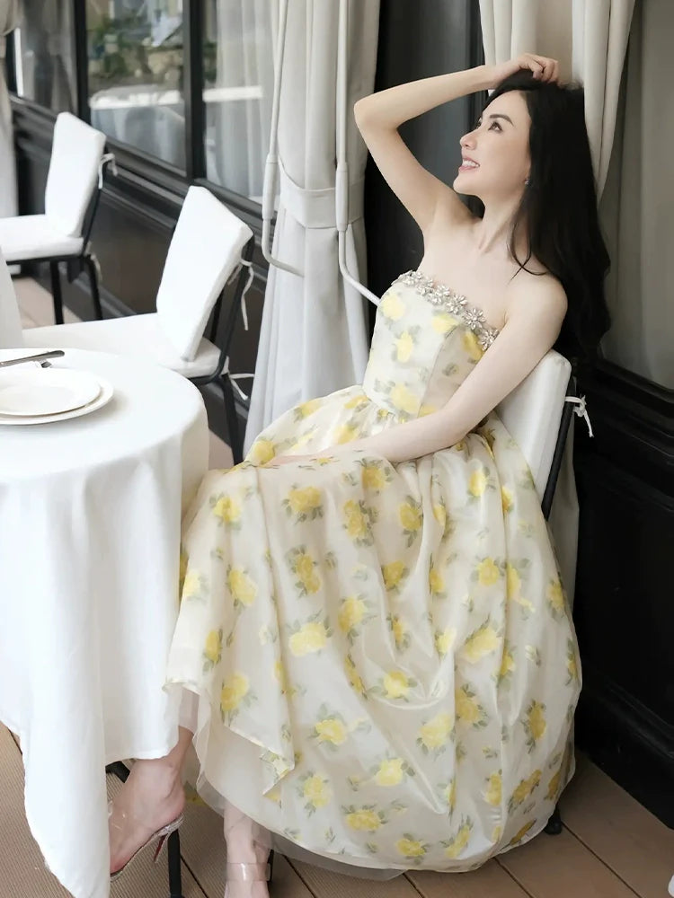 LEMON YELLOW STRAPLESS LONG COCKTAIL DRESS