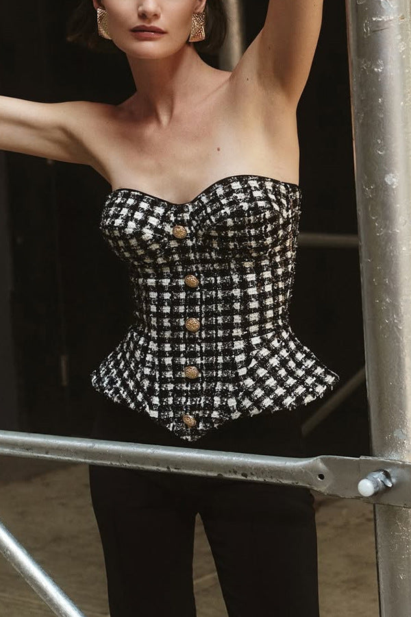 ROBERTA BLACK CHECK TWEED SEQUIN PARTY TOP
