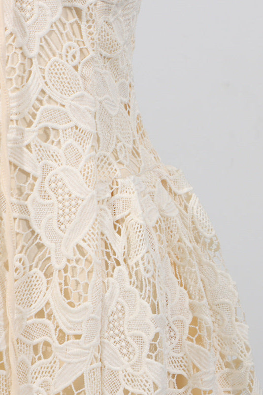 LACE HOLLOW SLEEVELESS YELLOW MINI PARTY DRESS