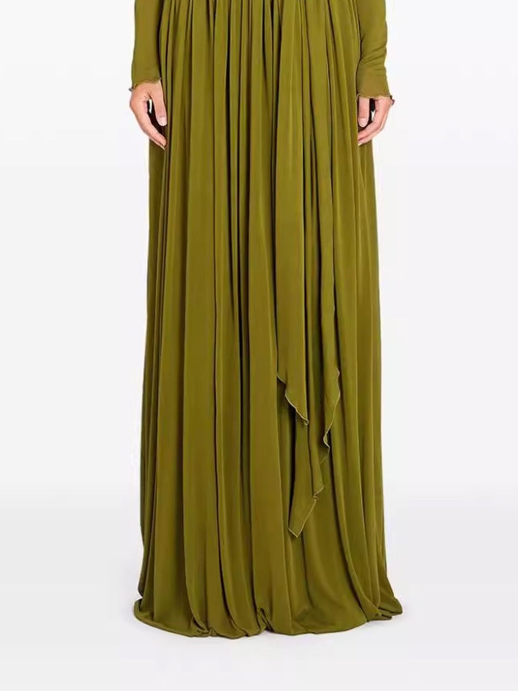 ELEGANT PLEATED MAXI DRESS IN OLIVE GREEN