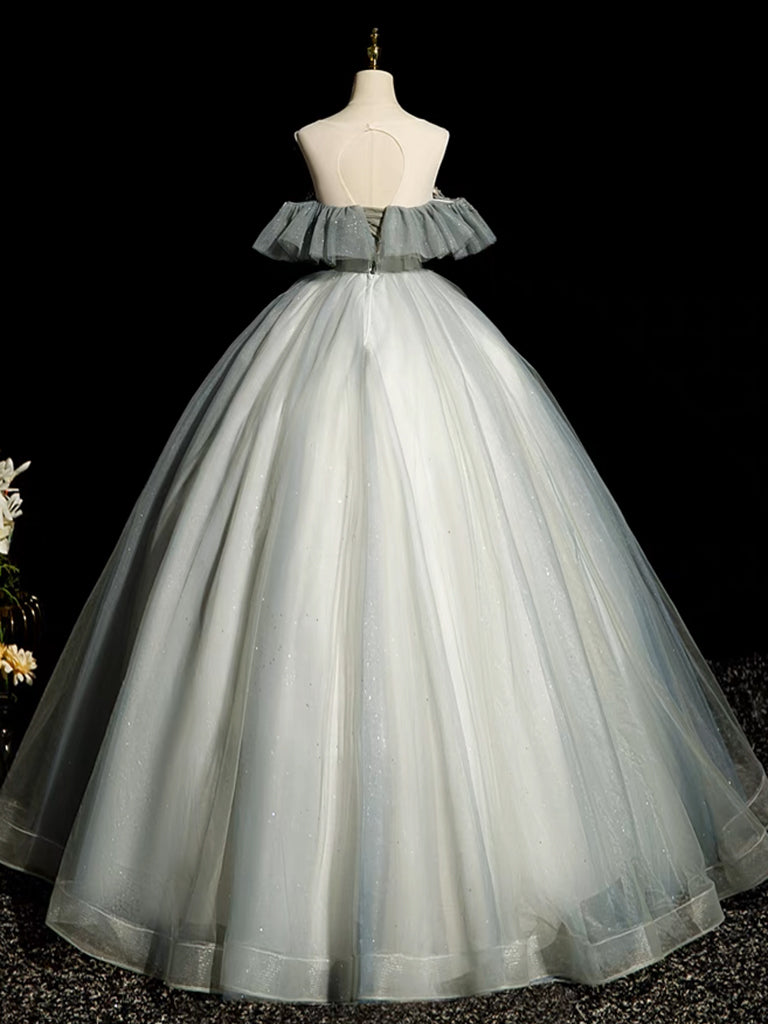 A-LINE TULLE GRAY BLUE PROM DRESS