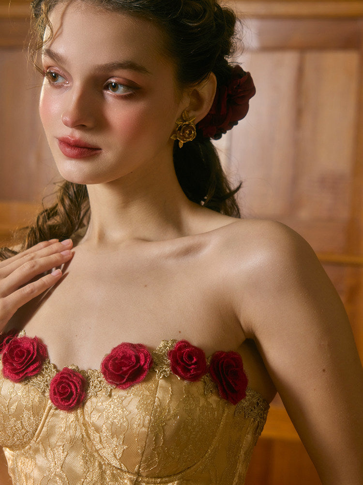 GOLD & RED WILD ROSE CORSET MAXI DRESS