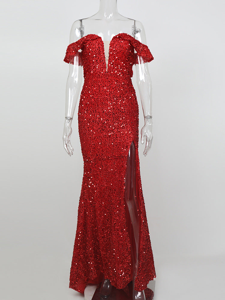 RED OFF-SHOULDER SEQUIN PARTY DRESS
