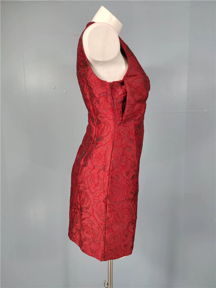 BURGUNDY BOW JACQUARD MINI PARTY DRESS