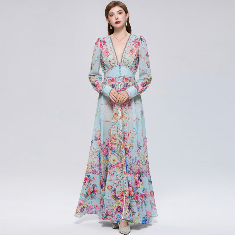XAVIERA A-LINE PRINTED MAXI DRESS IN CHIFFON MESH