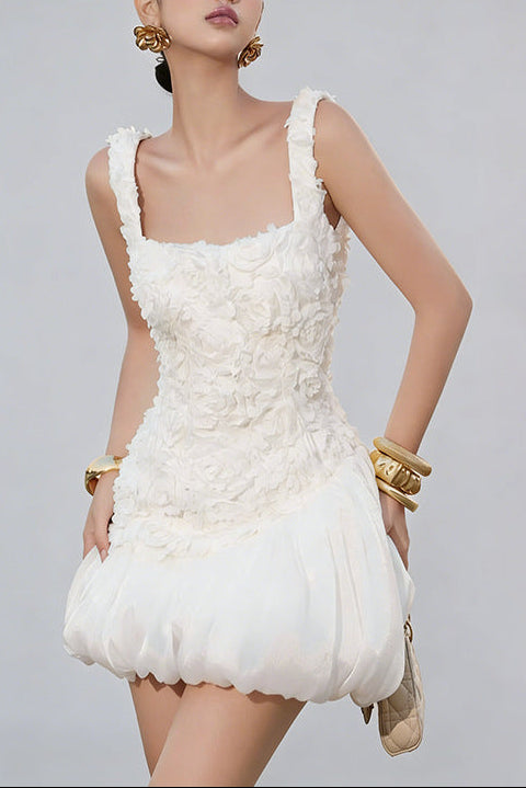 JOCELYN PUFFY MINI DRESS WITH FLOWER EMBELLISHMENT