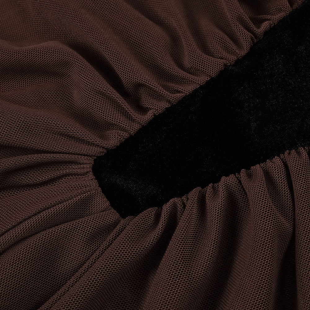 VELVET MESH PATCHWORK MAXI BLACK COCKTAIL DRESS
