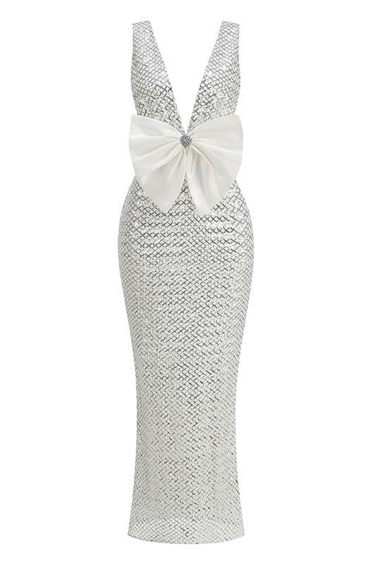 REBECCA SILVER SEQUIN V-NECK MAXI DRESS FOR EVENING