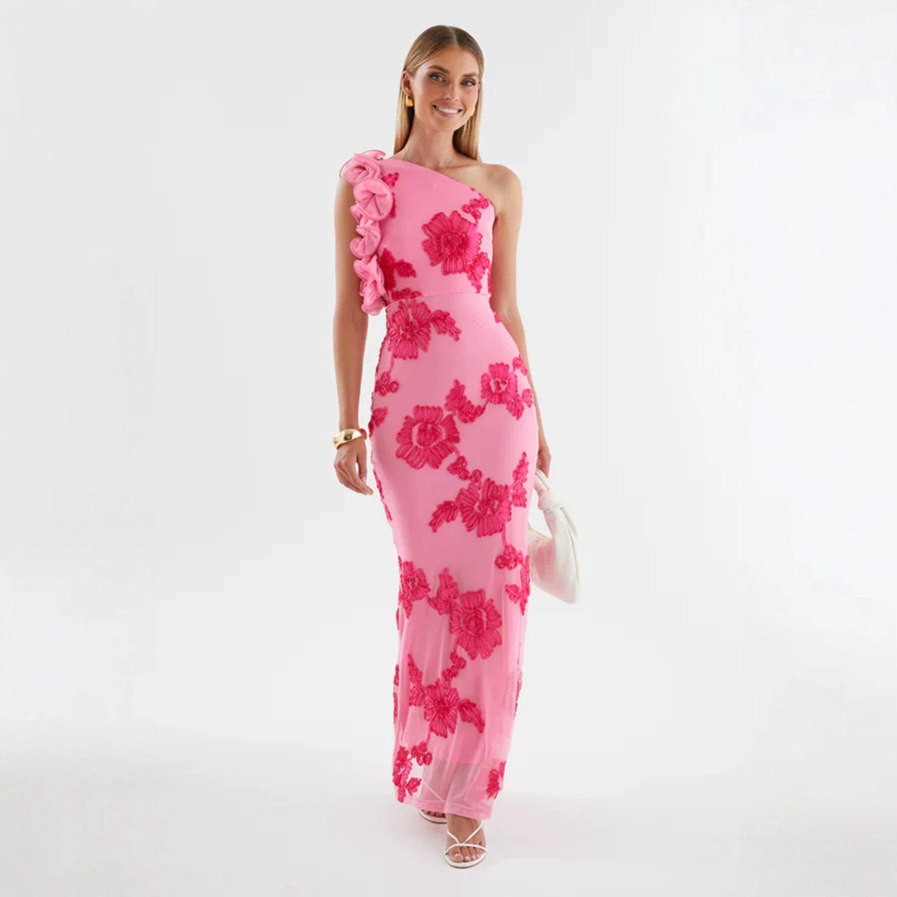 BODYCON PINK ONE-SHOULDER 3D FLOWER MAXI DRESS
