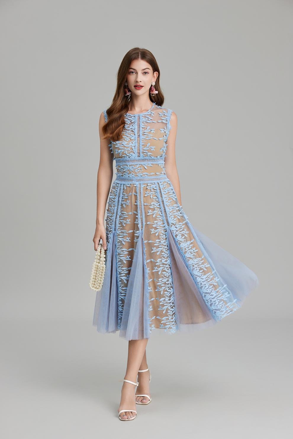 PHOENIX BLUE 3D LACE MIDI DRESS FOR EVENING