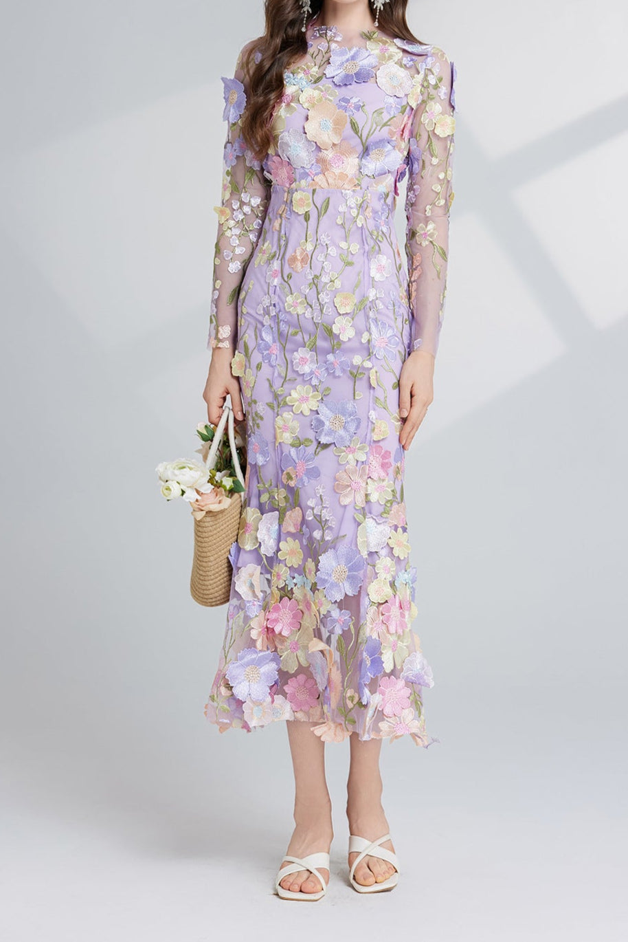 CAROL PURPLE FLORAL EMBROIDERY MESH MIDI DRESS
