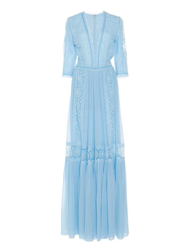 BLUE V-NECK LACE MAXI DRESS FOR WEDDING GUEST