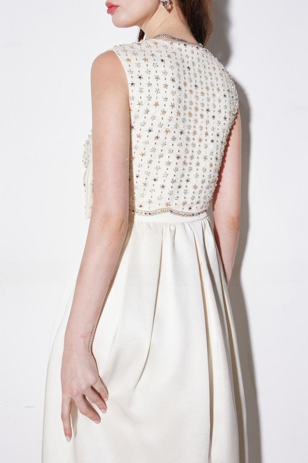 ALVA V-NECK SATIN MAXI DRESS, WHITE, RHINESTONE EMBROIDERY