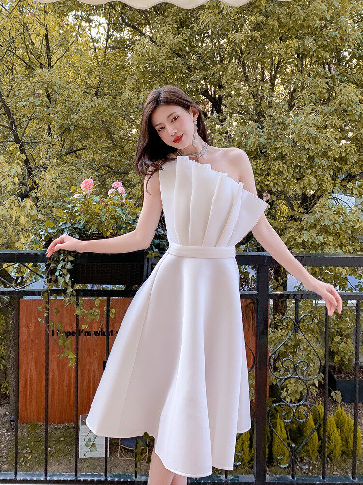 RUFFLED HEM STRAPLESS ONE-SHOULDER MIDI DRESS