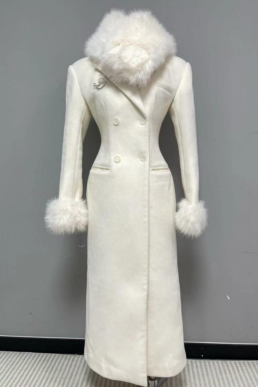 IVORY SLIM FAUX FUR COAT, MIDI WINTER OUTERWEAR