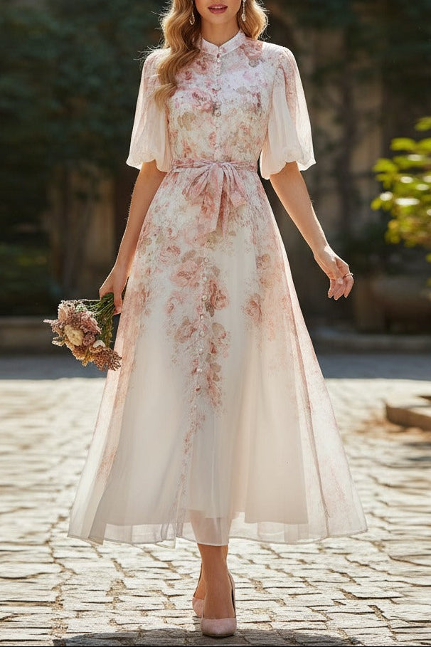 PINK FLORAL MANDARIN COLLAR CHIFFON MAXI DRESS